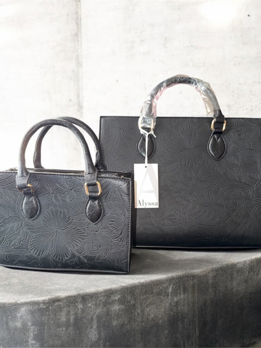 Black Embossed faux Leather Tote Bag with a mini bag included